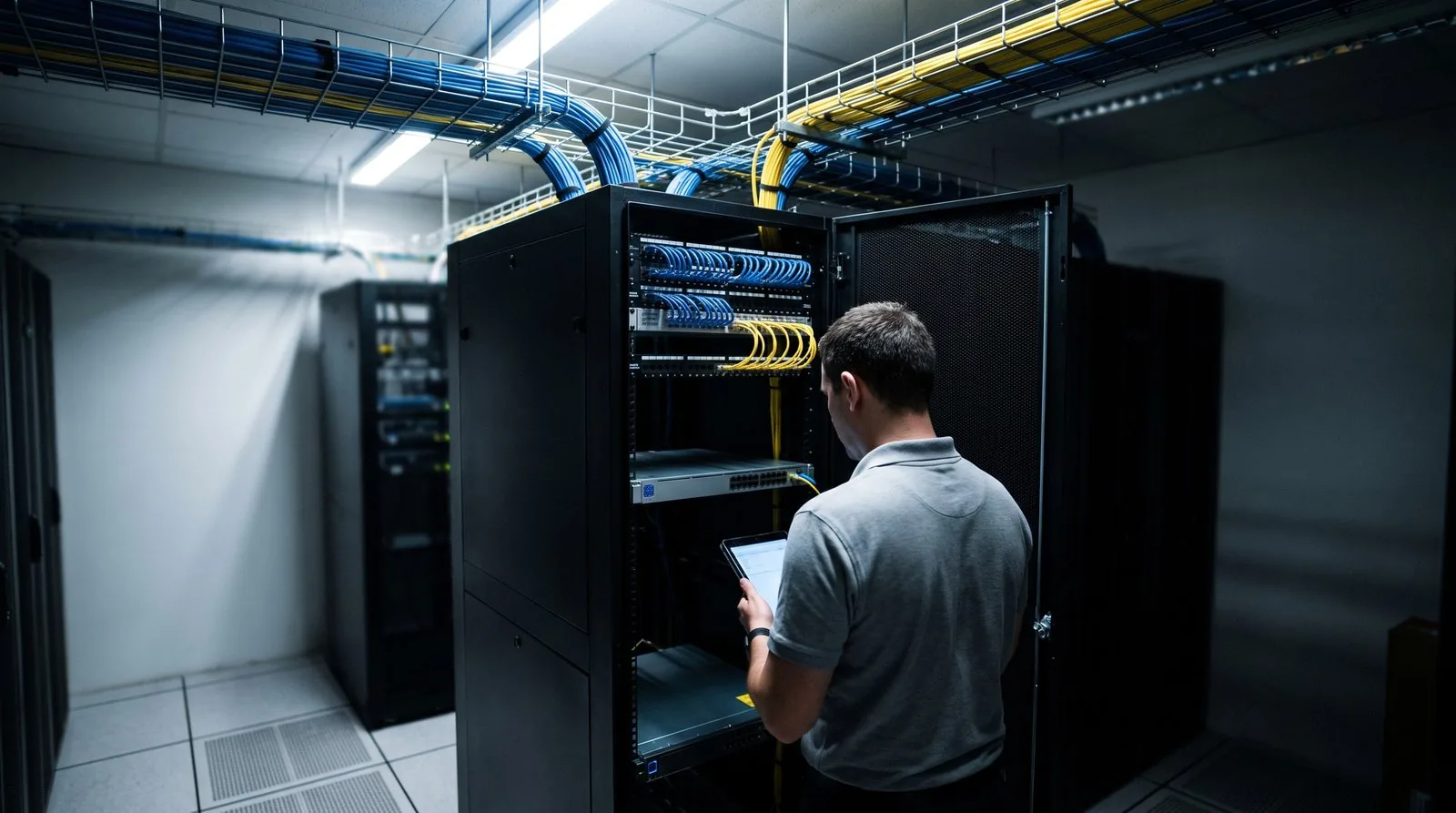 Técnico revisando un rack de red con una tableta en un cuarto de servidores