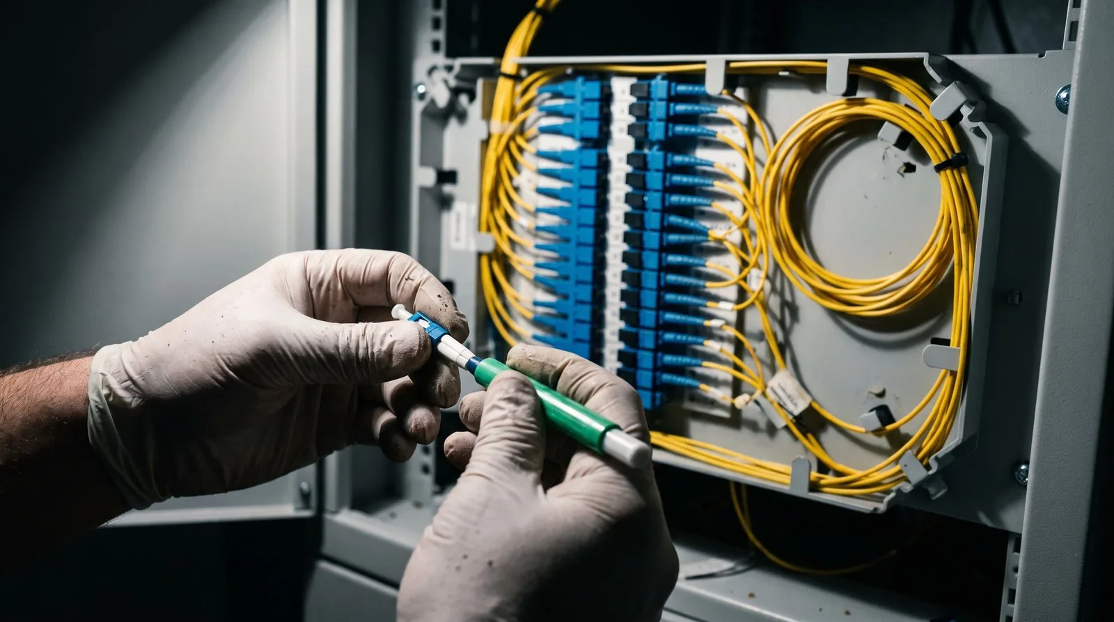 Técnico limpiando un conector de fibra óptica frente a un distribuidor ODF